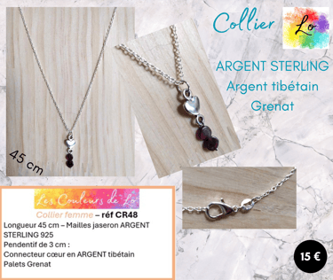 Collier Argent Sterling 925 Grenat cœur Argent tibétain Les Couleurs de Lo