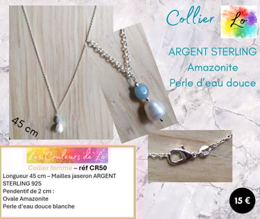 Collier Argent Sterling 925 Amazonite perle d'eau douce Les Couleurs de Lo