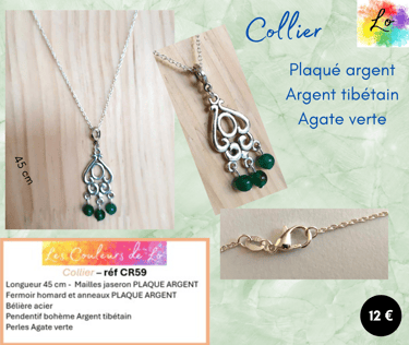 Collier Plaqué argent chandelier Argent tibétain Agate verte Les Couleurs de Lo