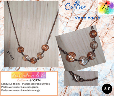 Collier cuivré verre à reliefs orange jaune Les Couleurs de Lo