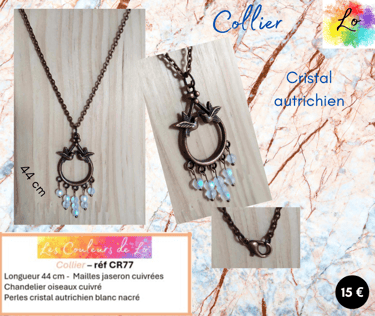 Collier cuivré chandelier oiseaux cristal autrichien blanc nacré Les Couleurs de Lo