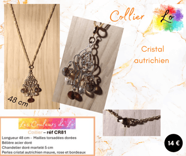 Collier doré chandelier martelé cristal autrichien Les Couleurs de Lo