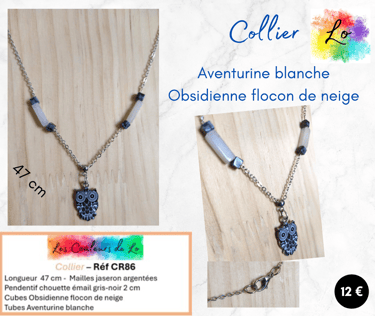 Collier argenté pendentif chouette émail noir-blanc Obsidienne Aventurine Les Couleurs de Lo