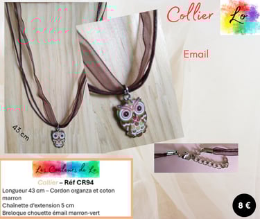 Collier cordon organza-coton marron chouette émail marron-vert Les Couleurs de Lo
