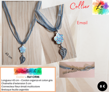 Collier cordon organza-coton gris fleur émail gris-bleu Les Couleurs de Lo