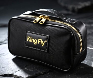 Classic black train case with gold zippers, a high-quality custom bag by King Fly