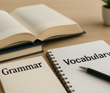 Two notepads labelled grammar and vocabulary to represent improving English