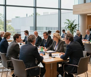 Wide shot of an active bilateral trade summit in Brussels, high-end architectural interior, delegates in professional discussions around a wooden table, crisp daylight through large windows
