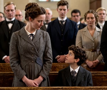 A young boy and woman in Victorian era period clothing sitting in a church pew during a formal service.