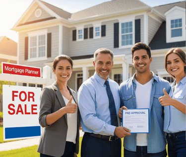 mortgage planner, realtor, and pre-approved home buyers working as a successful team