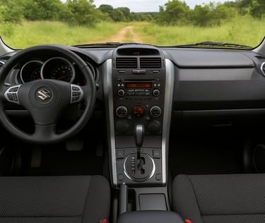 Interior do Suzuki Grand Vitara 2014 com painel aceso, volante multifuncional e bancos em couro.