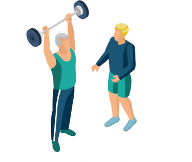 A senior man lifting weights and a trainer coaching him