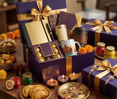 Luxury Diwali gift hampers with purple boxes, gold ribbons, sweets, diyas, and traditional Indian snacks.