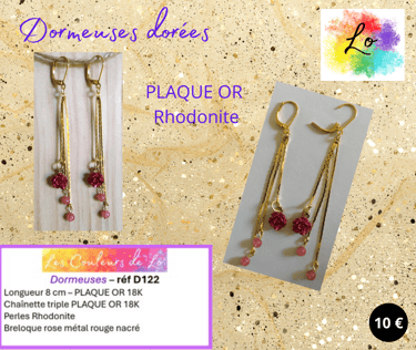 Boucles dormeuses Plaqué or Rhodonite rose métal rouge nacré Les Couleurs de Lo