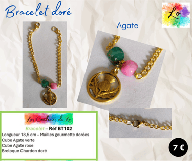 Bracelet doré Agate verte Agate rose breloque chardon doré Les Couleurs de Lo