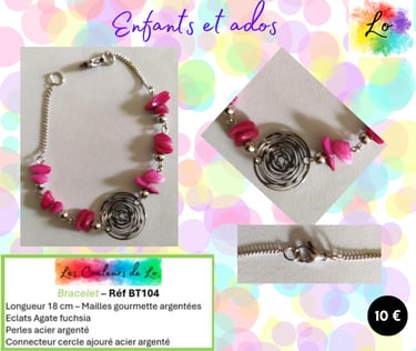 Bracelet argenté Agate fuchsia disque acier Les Couleurs de L