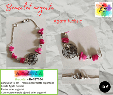 Bracelet argenté Agate fuchsia disque acier Les Couleurs de Lo