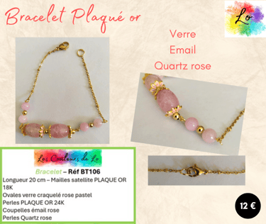 Bracelet Plaqué or verre craquelé rose émail Quartz rose Les Couleurs de Lo