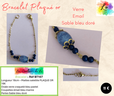 Bracelet Plaqué or verre craquelé bleu émail Sable bleu doré Les Couleurs de Lo