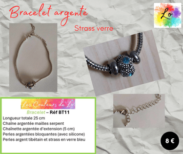 Bracelet argenté perle Argent tibétain strass verre bleu perles métal Les Couleurs de Lo