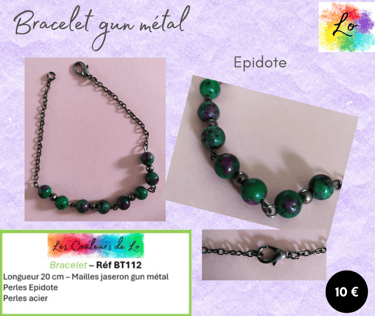 Bracelet gun métal Epidote perles acier Les Couleurs de Lo
