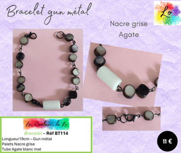 Bracelet gun métal Nacre grise Agate blanc mat Les Couleurs de Lo