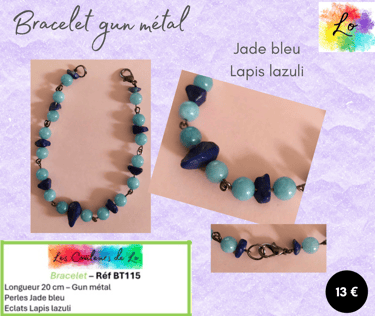 Bracelet gun métal Jade bleu Lapis lazuli Les Couleurs de Lo