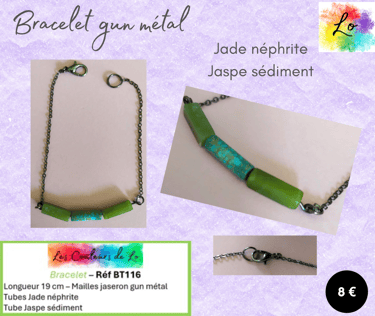 Bracelet gun métal Jade néphrite Jaspe sédiment bleu Les Couleurs de Lo