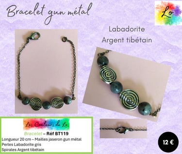 Bracelet gun métal Labadorite spirales Argent tibétain Les Couleurs de Lo