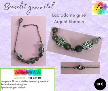 Bracelet gun métal Labradorite spirales Argent tibétain Les Couleurs de Lo