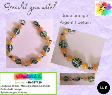 Bracelet gun métal Jade orange spirales Argent tibétain Les Couleurs de Lo