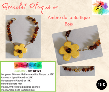 Bracelet Plaqué or fleur bois ocre Ambre de la Baltique Les Couleurs de Lo
