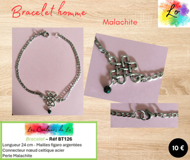 Bracelet argenté nœud celtique acier Malachite Les Couleurs de Lo