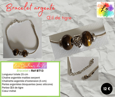 Bracelet argenté Œil de tigre cœur argenté perles métal Les Couleurs de Lo