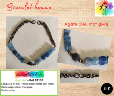 Bracelet gun métal Agate bleu mat givré Les Couleurs de Lo