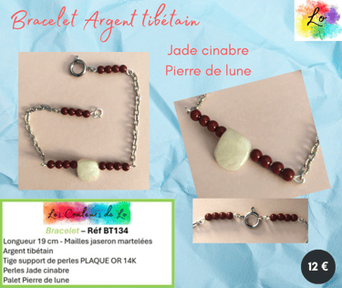 Bracelet Argent tibétain Jade cinabre Pierre de lune Les Couleurs de Lo