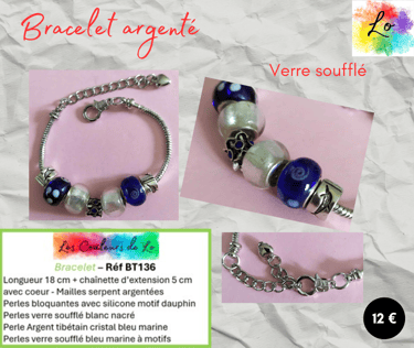 Bracelet argenté verre soufflé bleu blanc cristal bleu Les Couleurs de Lo