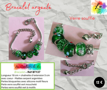 Bracelet argenté verre soufflé vert à motifs Les Couleurs de Lo