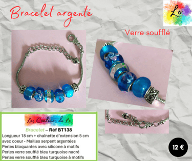 Bracelet argenté verre soufflé turquoise nacré et à motifs Les Couleurs de Lo