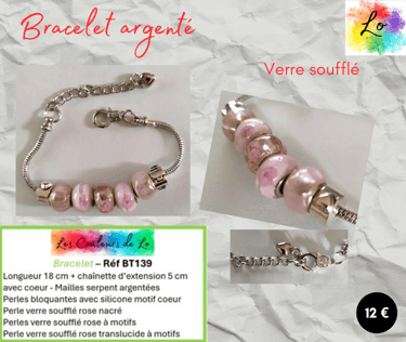 Bracelet argenté verre soufflé rose nacré et à motifs Les Couleurs de Lo