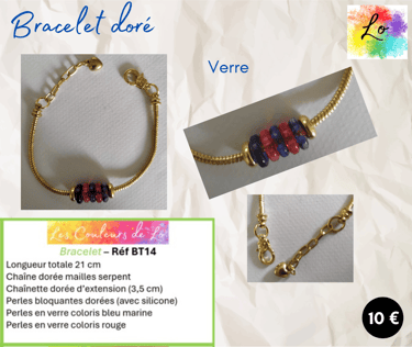 Bracelet doré verre marine et rouge perles acier Les Couleurs de Lo