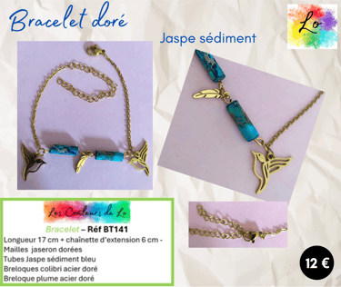 Bracelet doré Jaspe sédiment bleu colibris plume dorés Les Couleurs de Lo