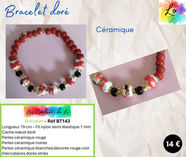 Bracelet doré céramique rouge noires blanches décorées Les Couleurs de Lo