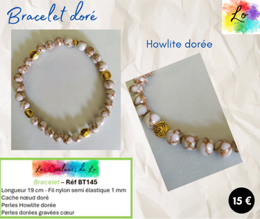 Bracelet doré Howlite dorée perles dorées gravées cœur Les Couleurs de Lo