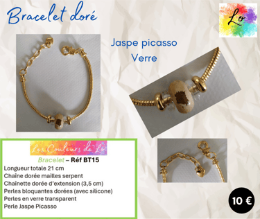 Bracelet doré Jaspe picasso verre perles acier Les Couleurs de Lo
