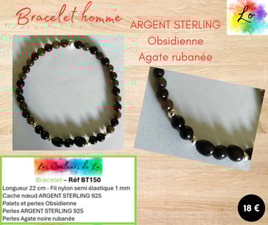 Bracelet Argent sterling Obsidienne Agate rubanée Les Couleurs de Lo