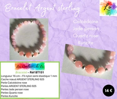 Bracelet Argent Sterling Calcédoine Jade Quartz Kunzite Les Couleurs de Lo