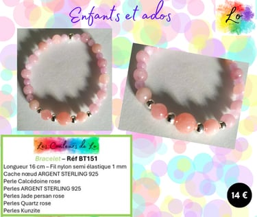 Bracelet Argent Sterling Calcédoine Jade Quartz Kunzite Les Couleurs de Lo