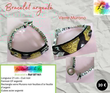 Bracelet argenté verre Murano feuilles d'or et d'argent perles argentées Les Couleurs de Lo