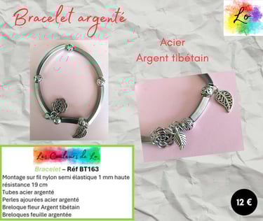 Bracelet tubes acier argenté perles ajourées fleur feuilles Les Couleurs de Lo